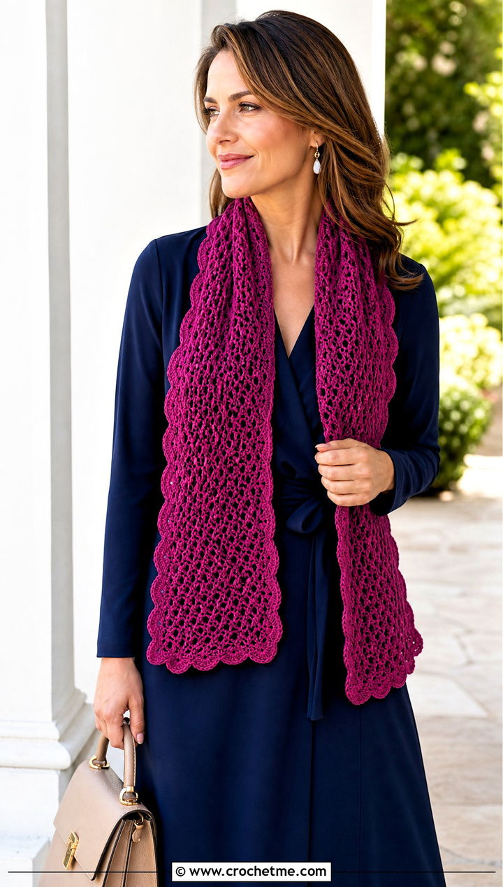 Scalloped Crochet Mesh Scarf With Wrap Dress And Flats - 25 Crochet Mesh Scarf outfit ideas