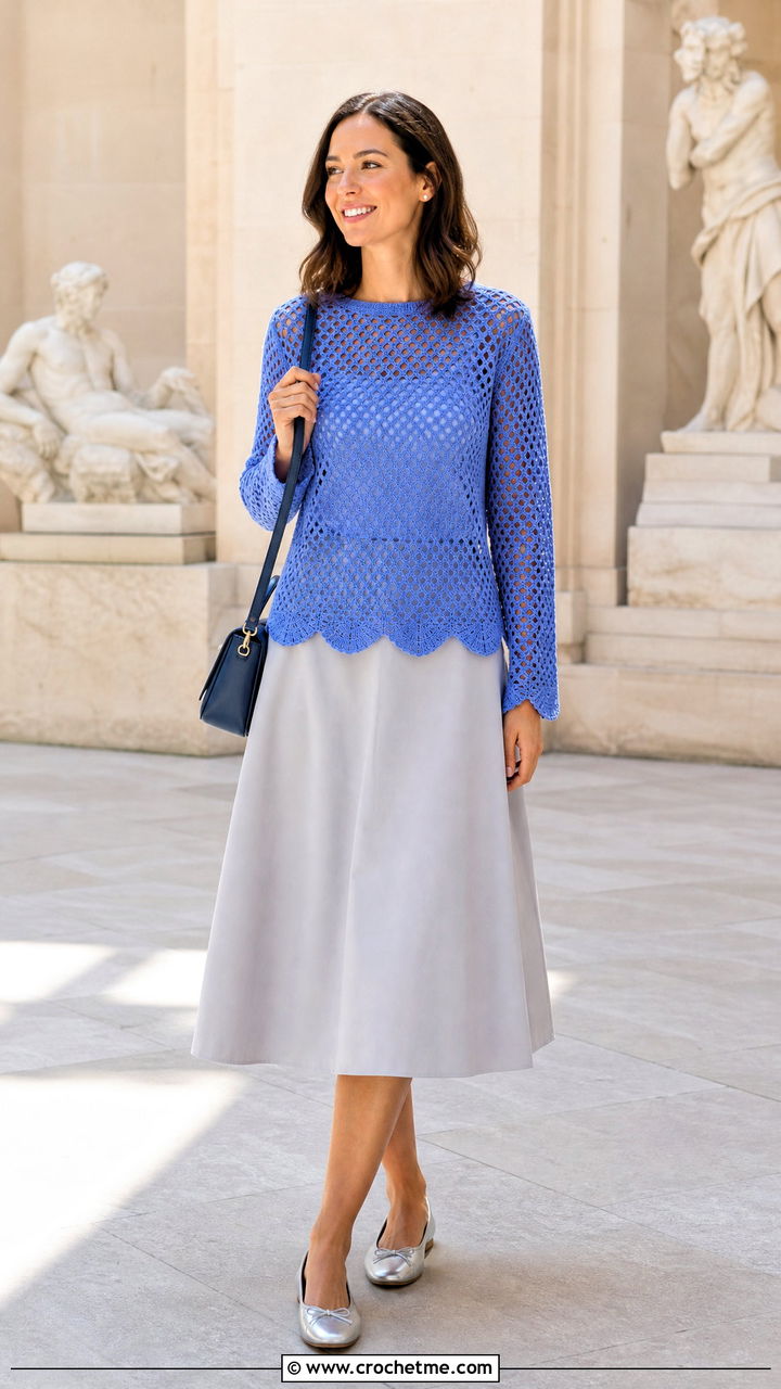 Scalloped Crochet Mesh Sweater With A Line Skirt - 35 crochet mesh sweater outfit ideas