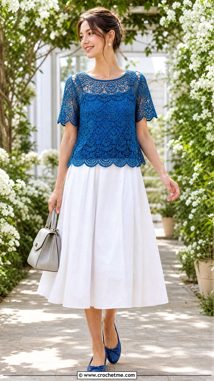 Scalloped Crochet Mesh Top With Full Midi Skirt - 35 crochet mesh top outfit ideas