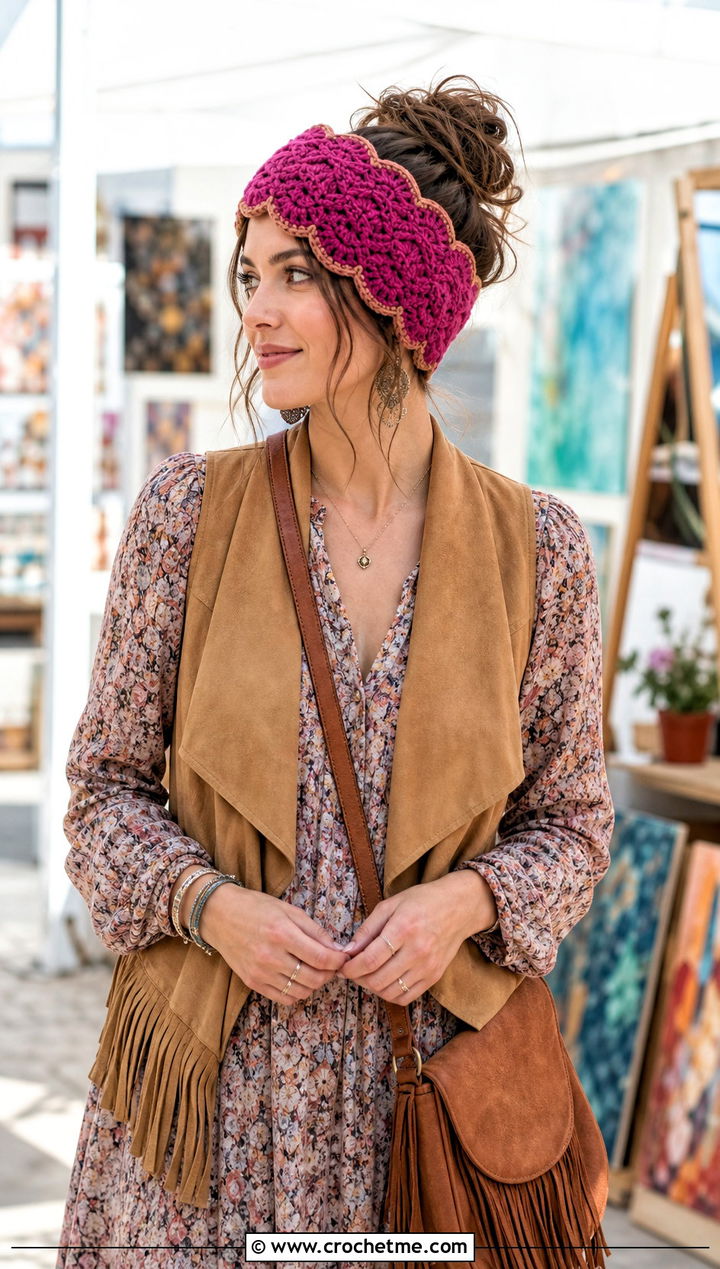 Scalloped Crochet Messy Bun Ear Warmer With Boho Layers - 20 Crochet Messy Bun Ear Warmer outfit ideas