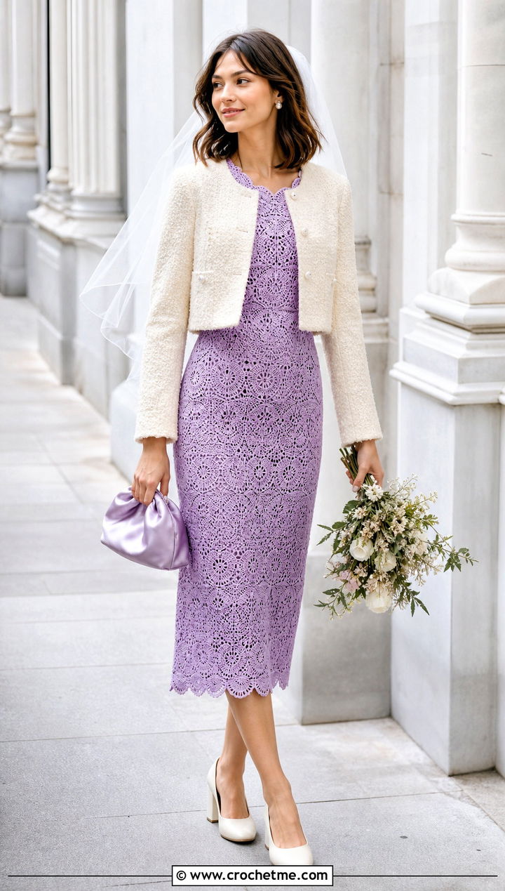 Scalloped Crochet Midi Bridal Dress With Cropped Jacket - 30 crochet bridal dress outfit ideas