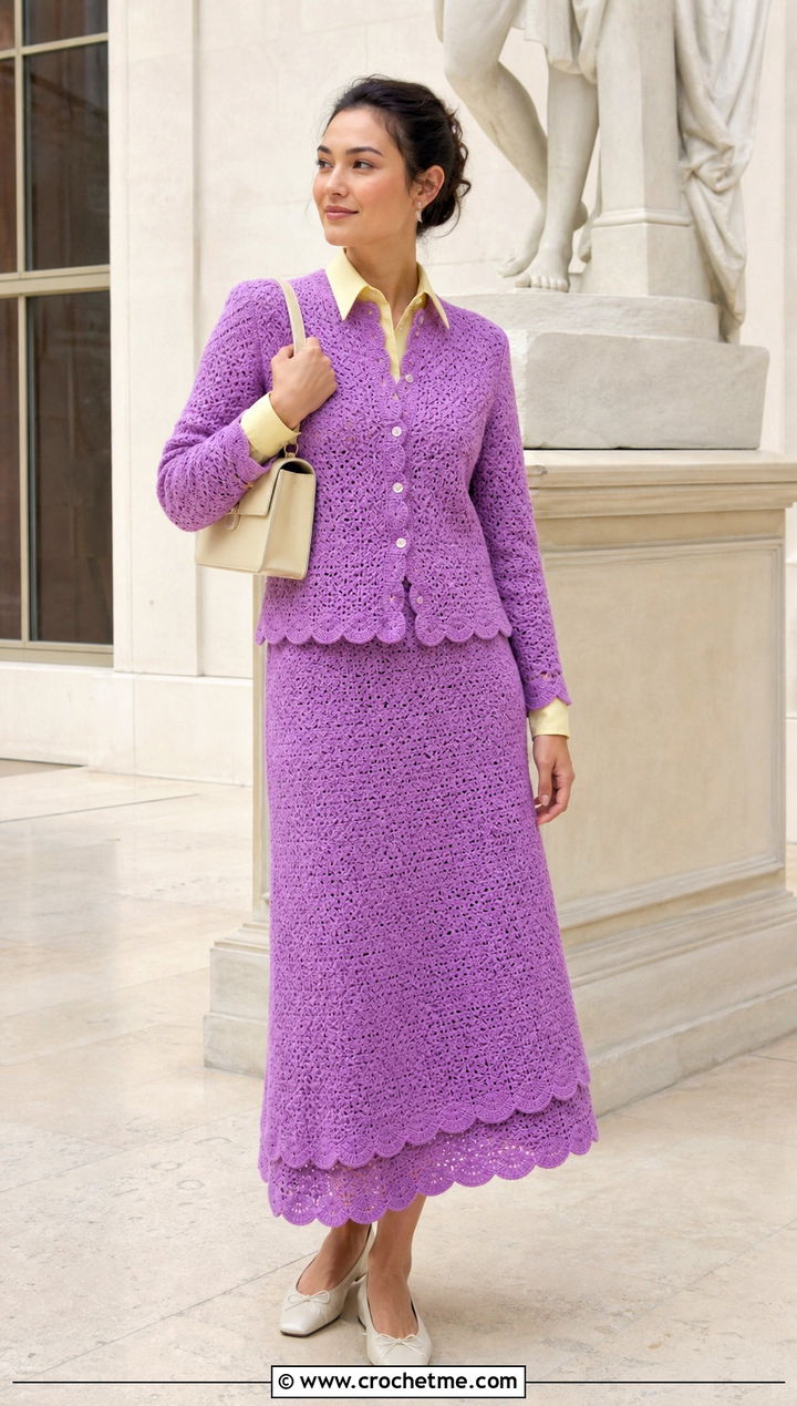 Scalloped Crochet Midi Set With Oxford Shirt And Ballet Flats - 25 Crochet Skirt And Cardigan Set outfit ideas