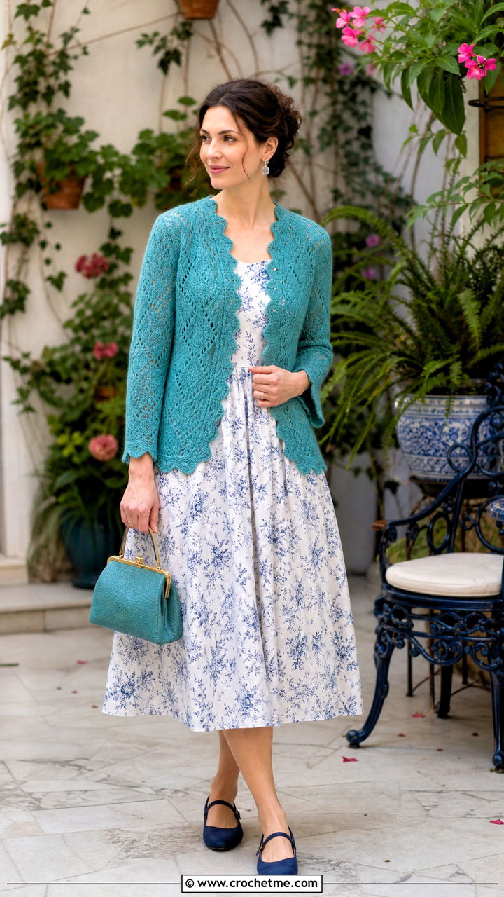 Scalloped Crochet Mohair Cardigan With Tea Dress - 35 crochet mohair cardigan outfit ideas