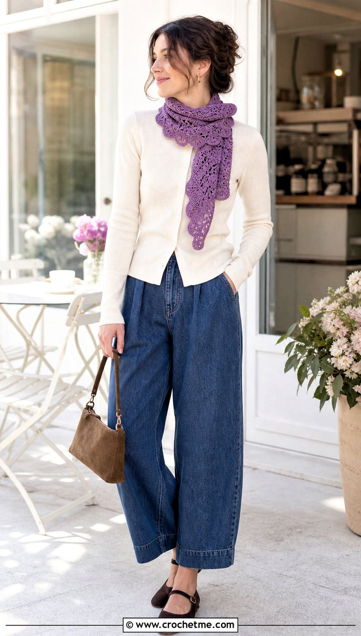 Scalloped Crochet Mohair Scarf With Cardigan - 30 crochet mohair scarf outfit ideas