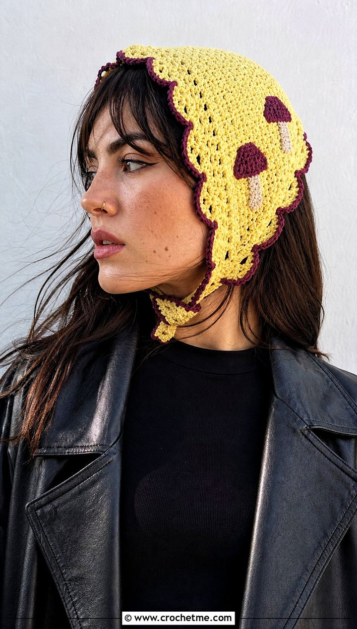Scalloped Crochet Mushroom Head Scarf With Leather Jacket - 15 Crochet Mushroom Head Scarf outfit ideas