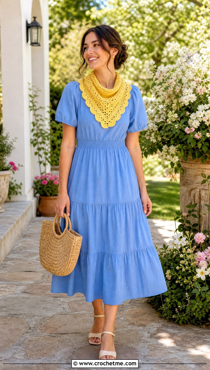 Scalloped Crochet Neckerchief With Midi Dress - 35 crochet neck scarf outfit ideas