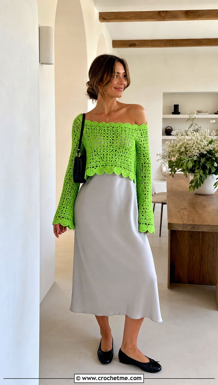 Scalloped Crochet Off Shoulder Sweater Over A Slip Dress - 25 Crochet Over The Shoulder Sweater outfit ideas