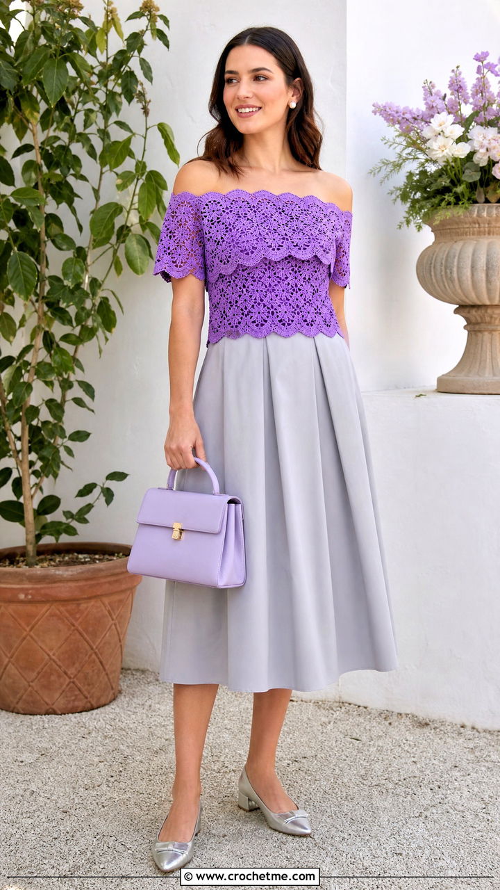 Scalloped Crochet Off Shoulder Top With A Line Midi Skirt - 35 Crochet Off Shoulder Top outfit ideas