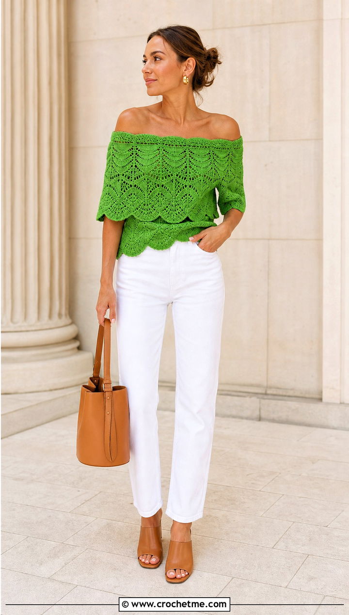Scalloped Crochet Off The Shoulder Top With White Jeans - 35 Crochet Off The Shoulder Top outfit ideas