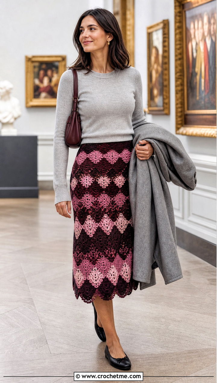 Scalloped Crochet Patchwork Midi Skirt With Fine Knit Sweater - 30 crochet patchwork skirt outfit ideas