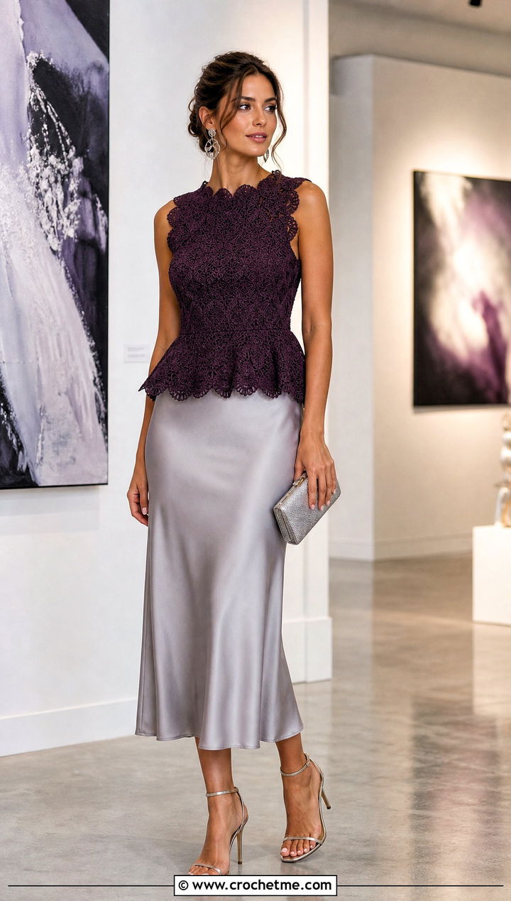 Scalloped Crochet Peplum Top With Satin Midi Skirt - 15 cool crochet top outfit ideas