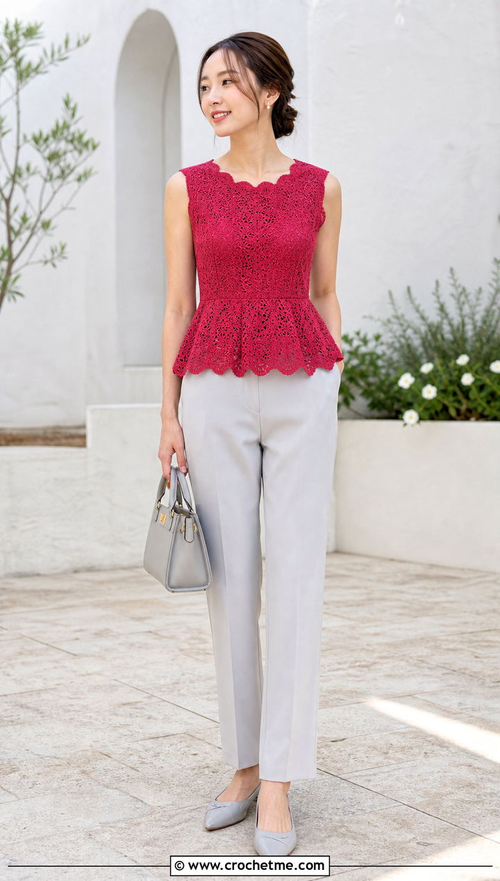 Scalloped Crochet Peplum Top With Straight Leg Pants - 35 lacy crochet top outfit ideas