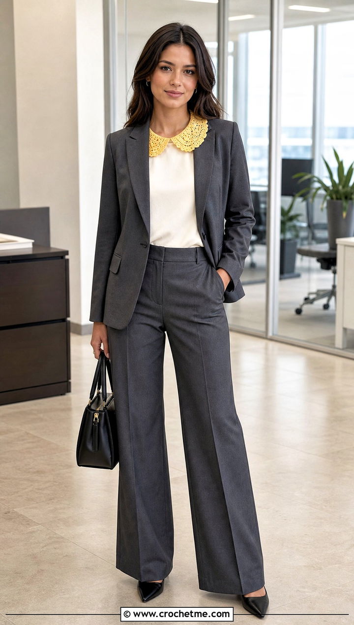 Scalloped Crochet Peter Pan Collar With Blazer And Trousers - 35 crochet peter pan collar outfit ideas
