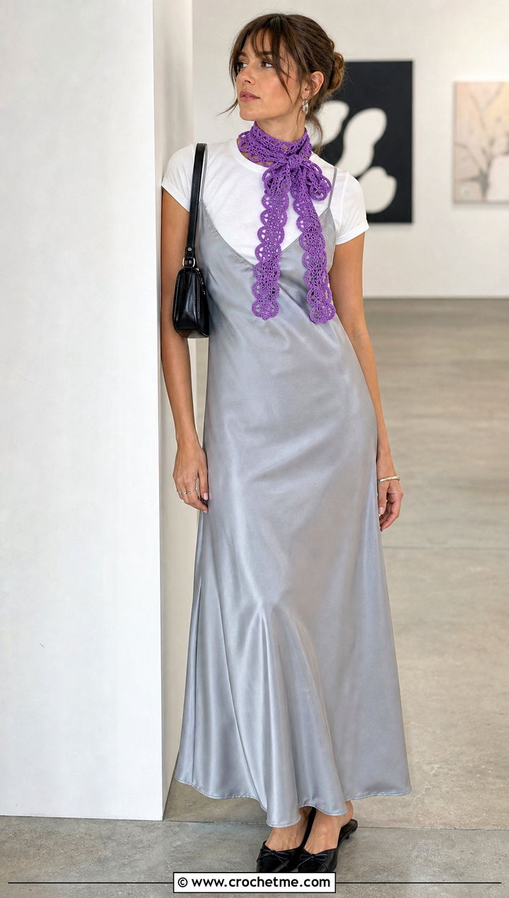 Scalloped Crochet Ribbon Scarf With Slip Dress - 15 Crochet Ribbon Scarf outfit ideas