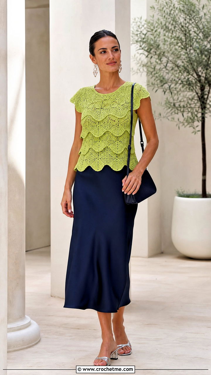 Scalloped Crochet Ruffle Top With Bias Cut Skirt - 35 crochet ruffle top outfit ideas