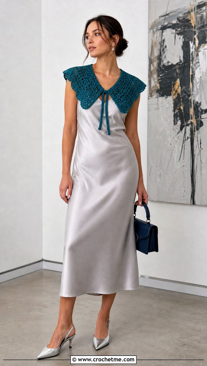 Scalloped Crochet Sailor Collar With Satin Slip Dress - 30 crochet sailor collar outfit ideas