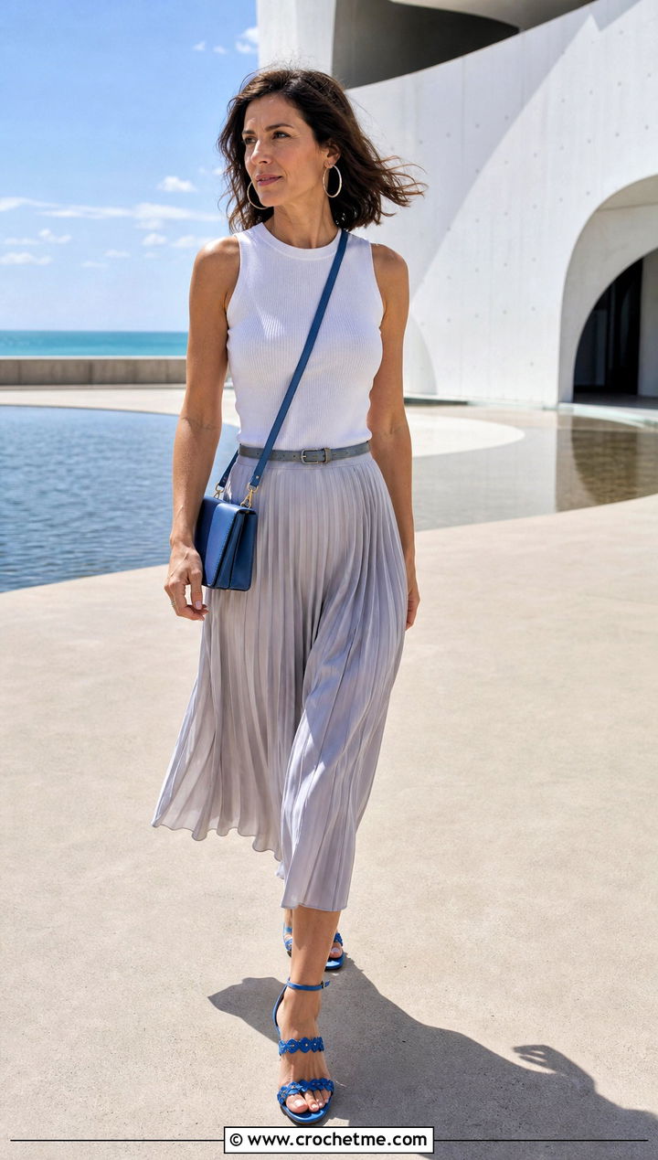 Scalloped Crochet Sandals With Pleated Midi Skirt - 25 Crochet Beach Sandals outfit ideas