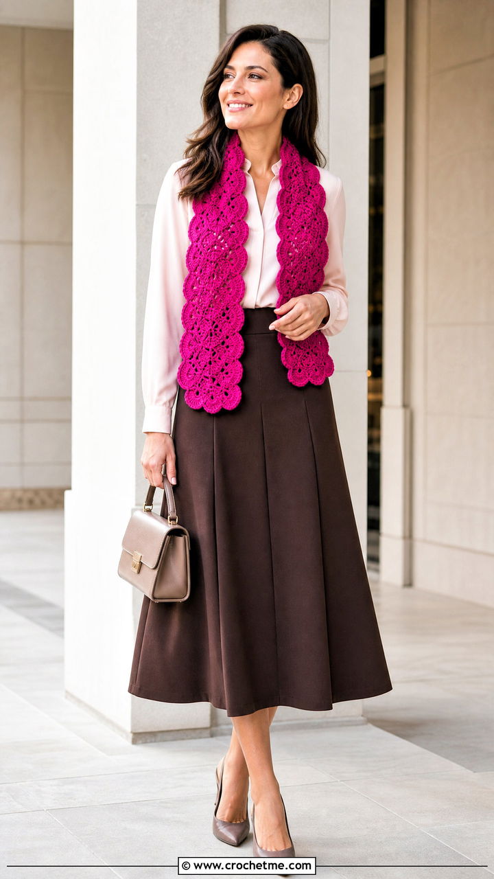 Scalloped Crochet Scarf With Blouse And A Line Skirt - 35 quick crochet scarf outfit ideas