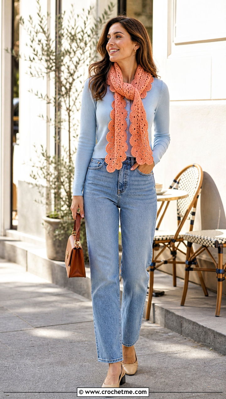 Scalloped Crochet Scarf With Cardigan And Jeans - 35 cute crochet scarf outfit ideas