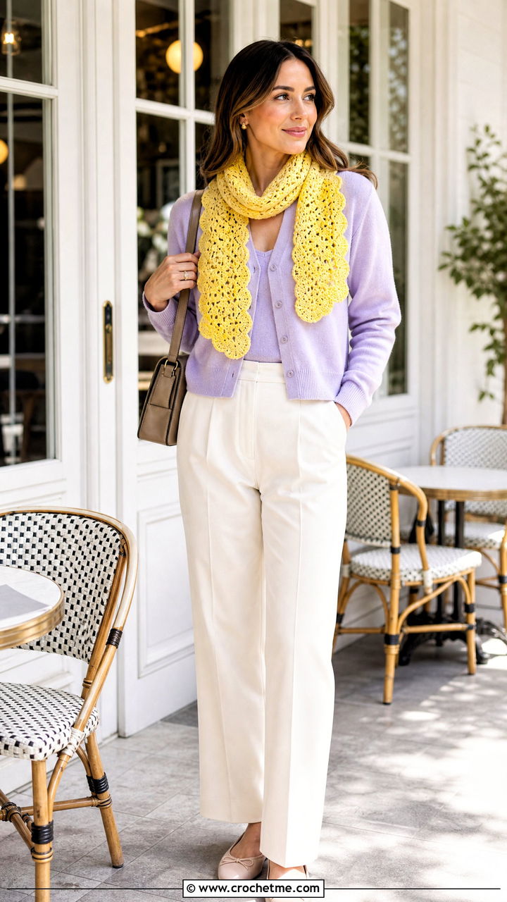 Scalloped Crochet Scarf With Cardigan Set - 35 easy crochet scarf outfit ideas