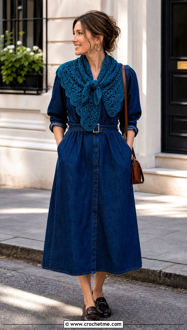 Scalloped Crochet Scarf With Denim Dress And Loafers - 30 easy crochet scarfs outfit ideas
