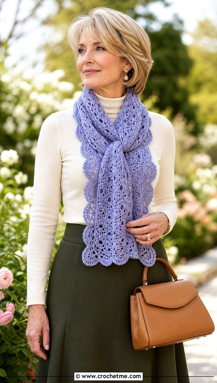 Scalloped Crochet Scarf With Midi Skirt - 25 Crochet For Beginners Scarf outfit ideas