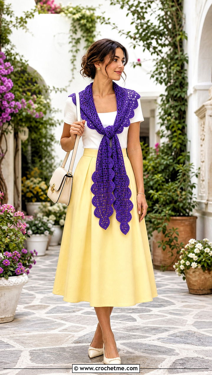 Scalloped Crochet Scarf With Square Neck Top And Midi Skirt - 35 summer crochet scarf outfit ideas