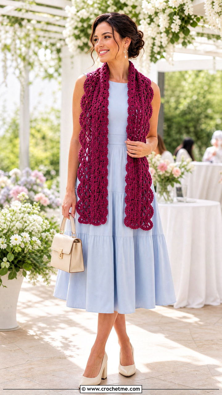 Scalloped Crochet Scarf With Tea Dress - 35 easy crochet scarves outfit ideas