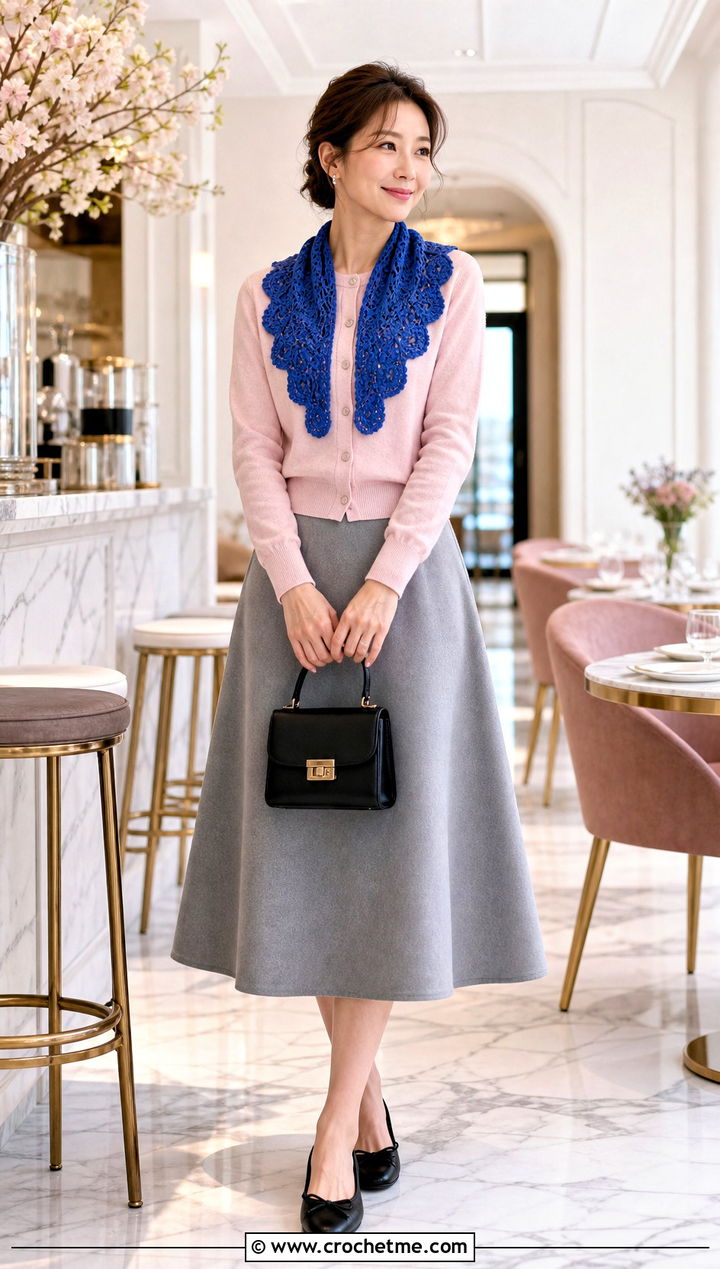 Scalloped Crochet Scarflet With Cardigan And Midi Skirt - 35 crochet mini scarf outfit ideas