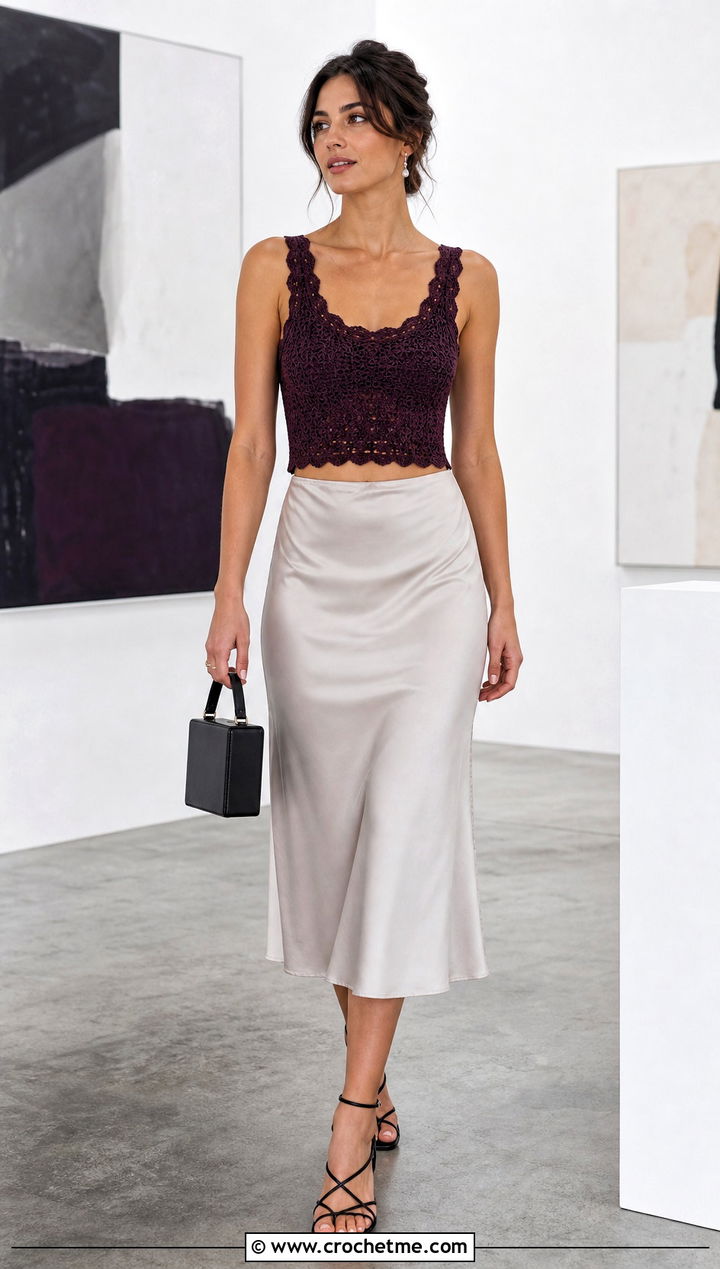 Scalloped Crochet Scoop Neck Crop Top With Satin Midi Skirt - 30 crochet scoop neck top outfit ideas