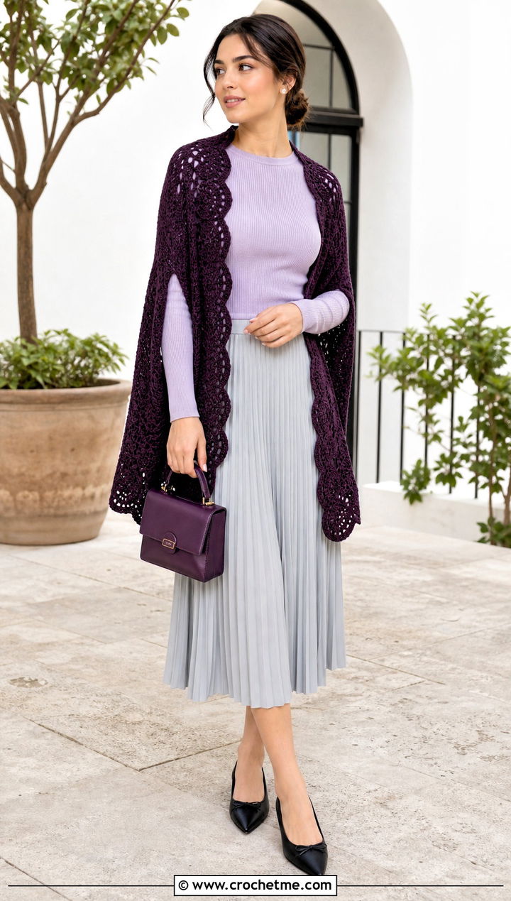 Scalloped Crochet Shawl With Arm Holes And Pleated Skirt - 30 crochet shawl with arm holes outfit ideas
