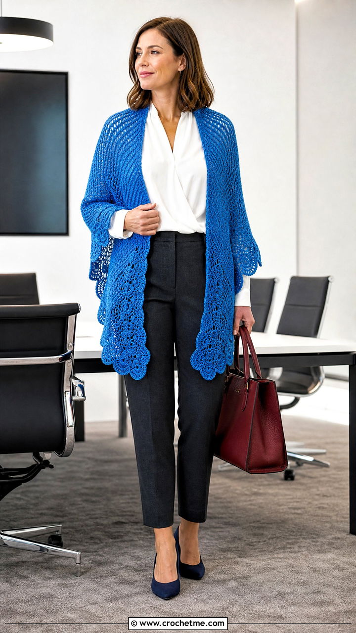 Scalloped Crochet Shawl With Blouse And Trousers - 35 crochet shawls and wraps outfit ideas