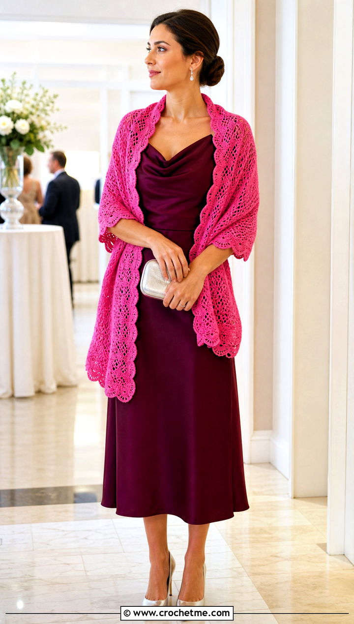 Scalloped Crochet Shawl With Satin Midi Dress - 30 crochet shawl wrap outfit ideas