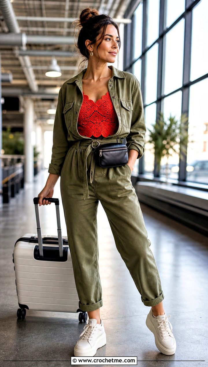 Scalloped Crochet Shell Top With Utility Jumpsuit - 25 Spring Crochet Tops outfit ideas