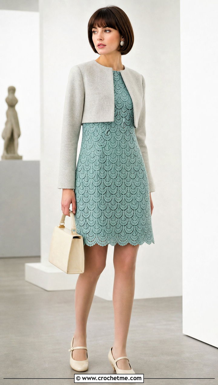 Scalloped Crochet Shift Dress With Mary Jane Shoes - 35 vintage crochet dress outfit ideas