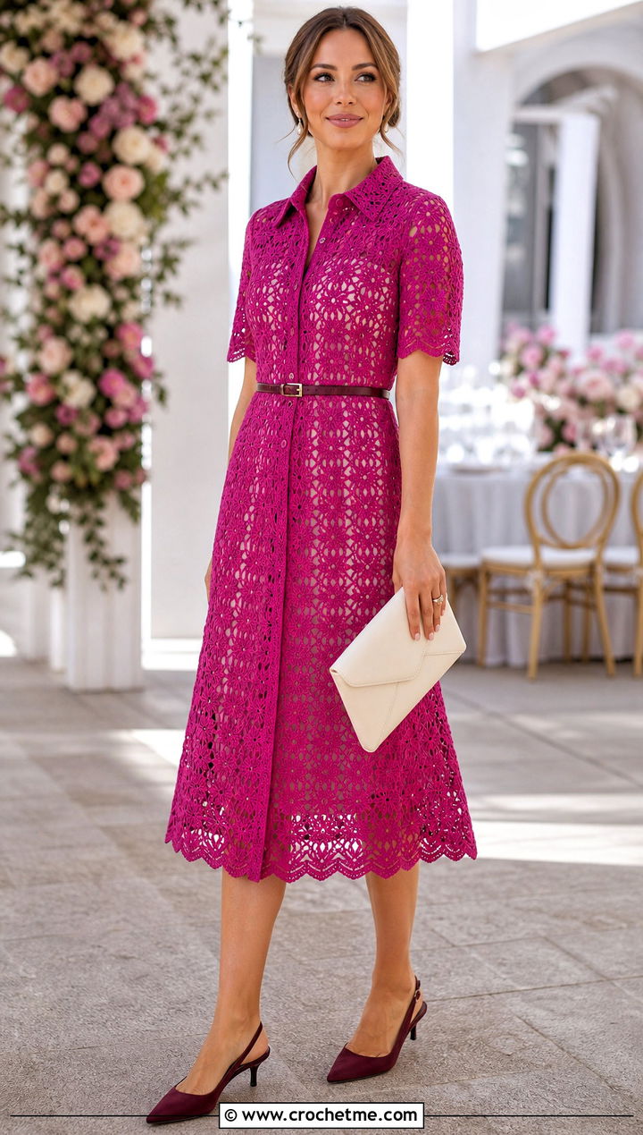 Scalloped Crochet Shirt Dress With Kitten Heels - 35 crochet shirt dress outfit ideas