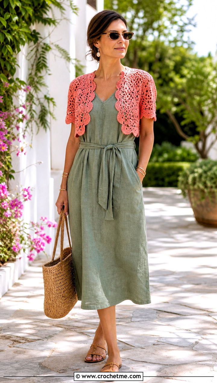 Scalloped Crochet Short Sleeve Shrug With Linen Dress - 30 crochet short sleeve shrug outfit ideas