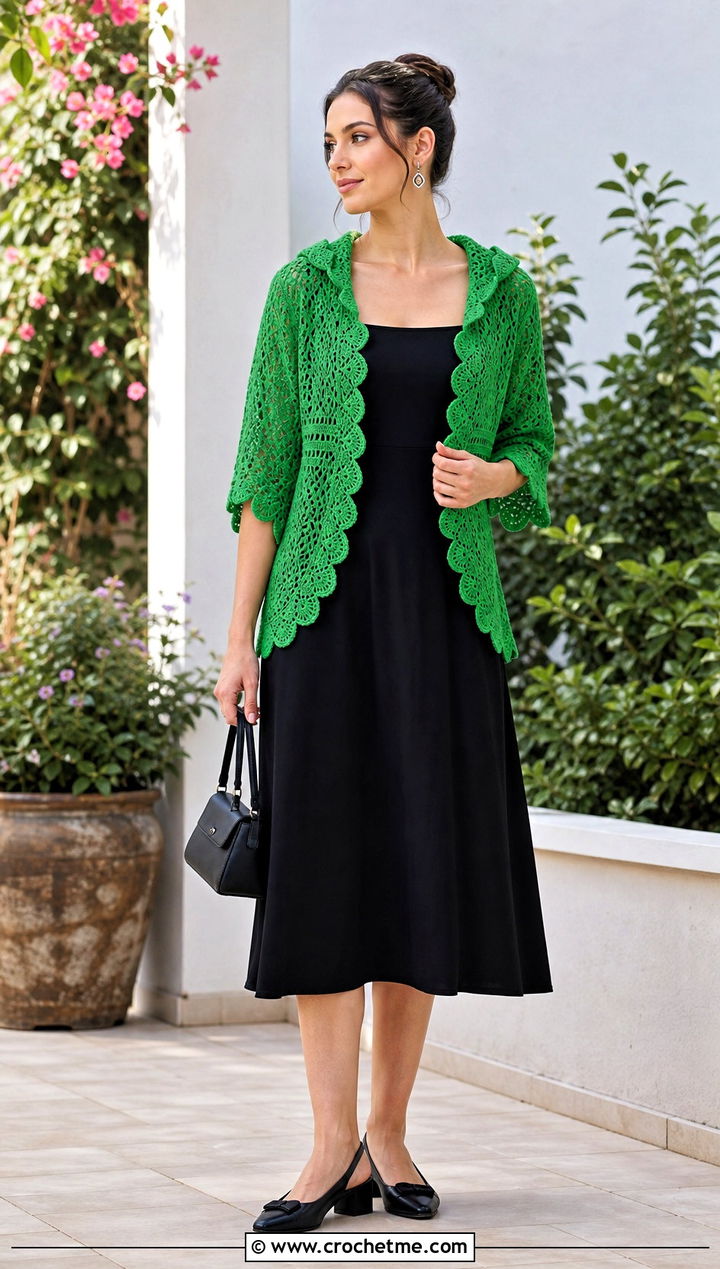 Scalloped Crochet Shrug With Hood And Midi Dress - 25 crochet shrug with hood outfit ideas