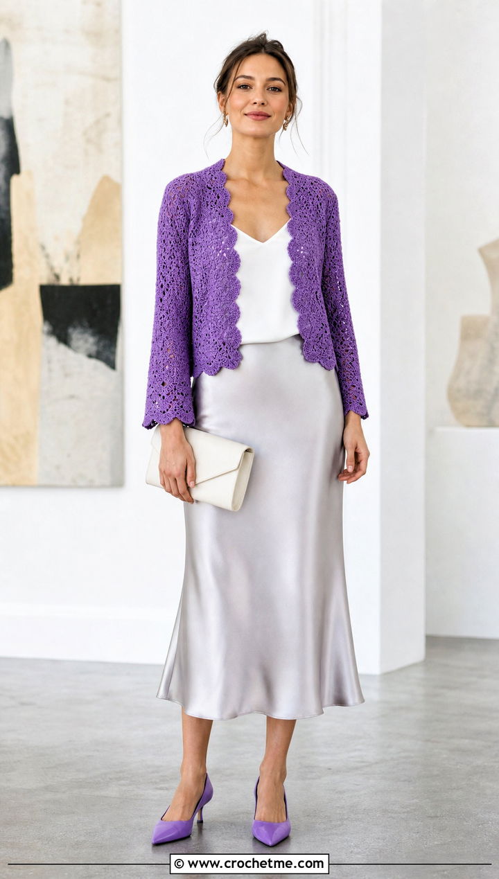 Scalloped Crochet Shrug With Satin Midi Skirt - 25 Crochet Shrug Sleeves outfit ideas