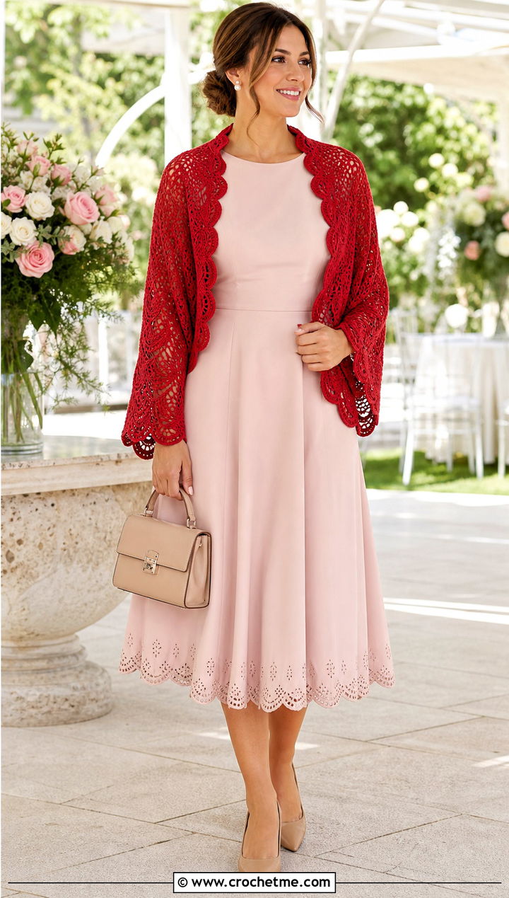 Scalloped Crochet Shrug Wrap With Fit And Flare Dress - 25 crochet shrug wrap outfit ideas