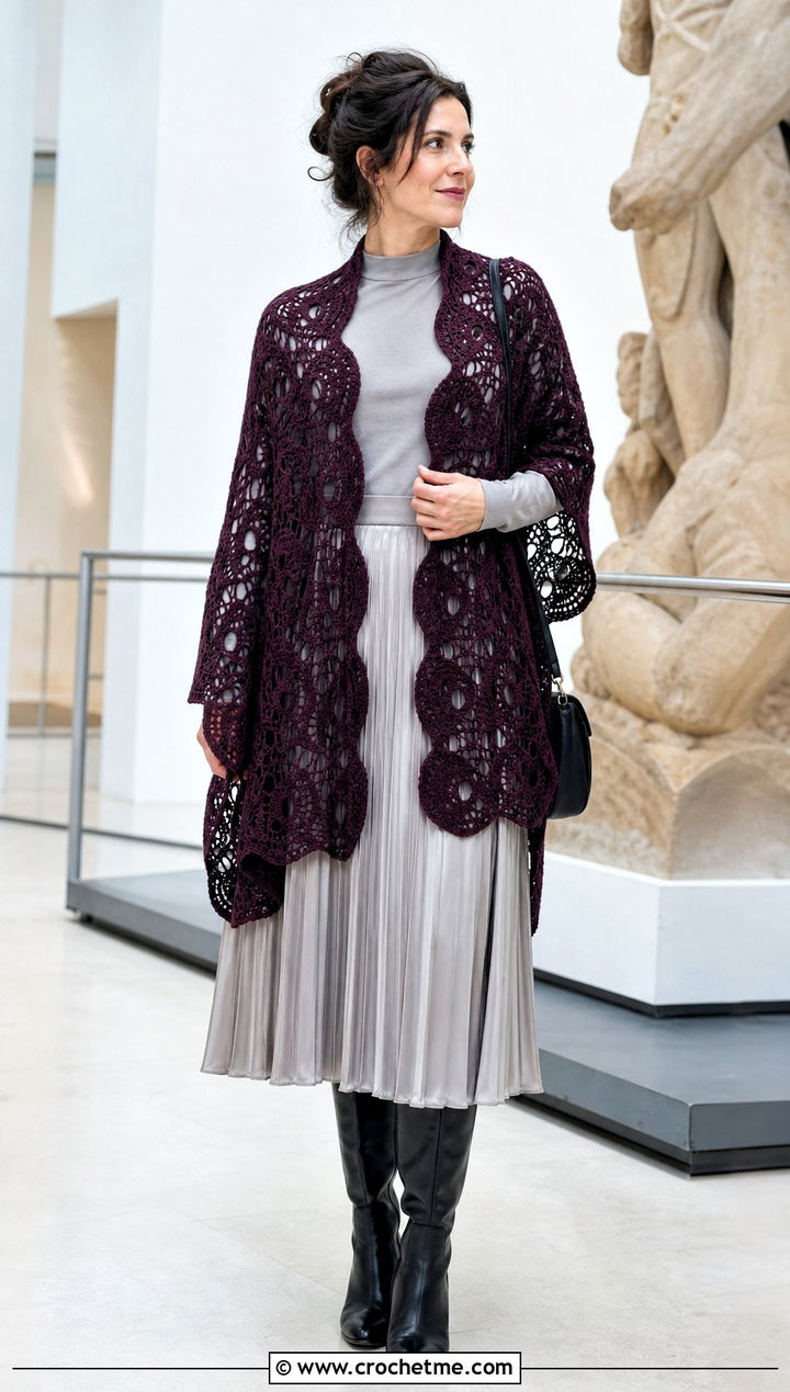 Scalloped Crochet Skull Shawl With a Pleated Midi Skirt - 35 crochet skull shawl outfit ideas