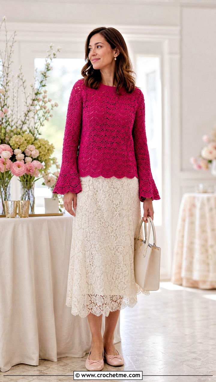 Scalloped Crochet Spring Sweater With Lace Midi Skirt - 35 crochet spring sweater outfit ideas