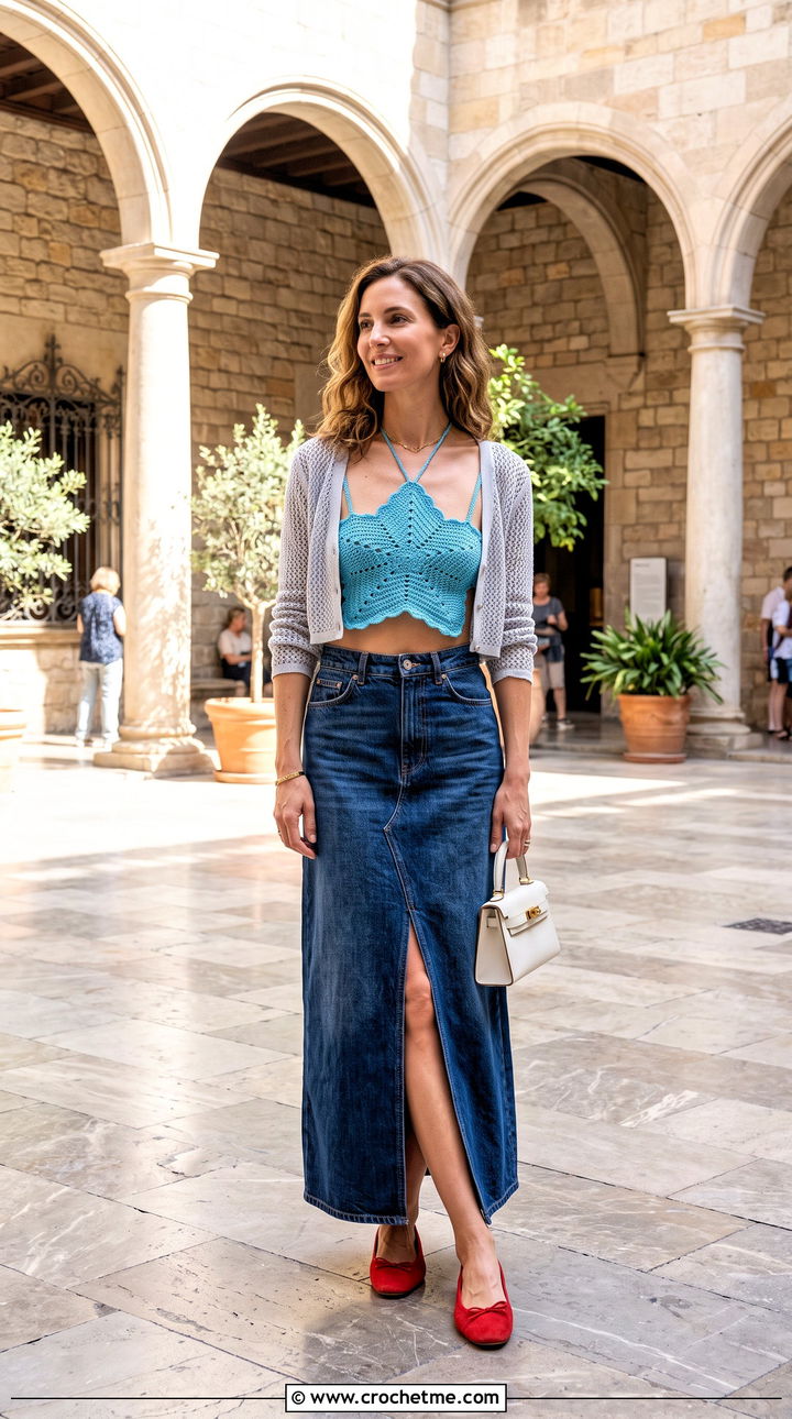 Scalloped Crochet Star Bra With Denim Maxi Skirt - 30 crochet star bra outfit ideas