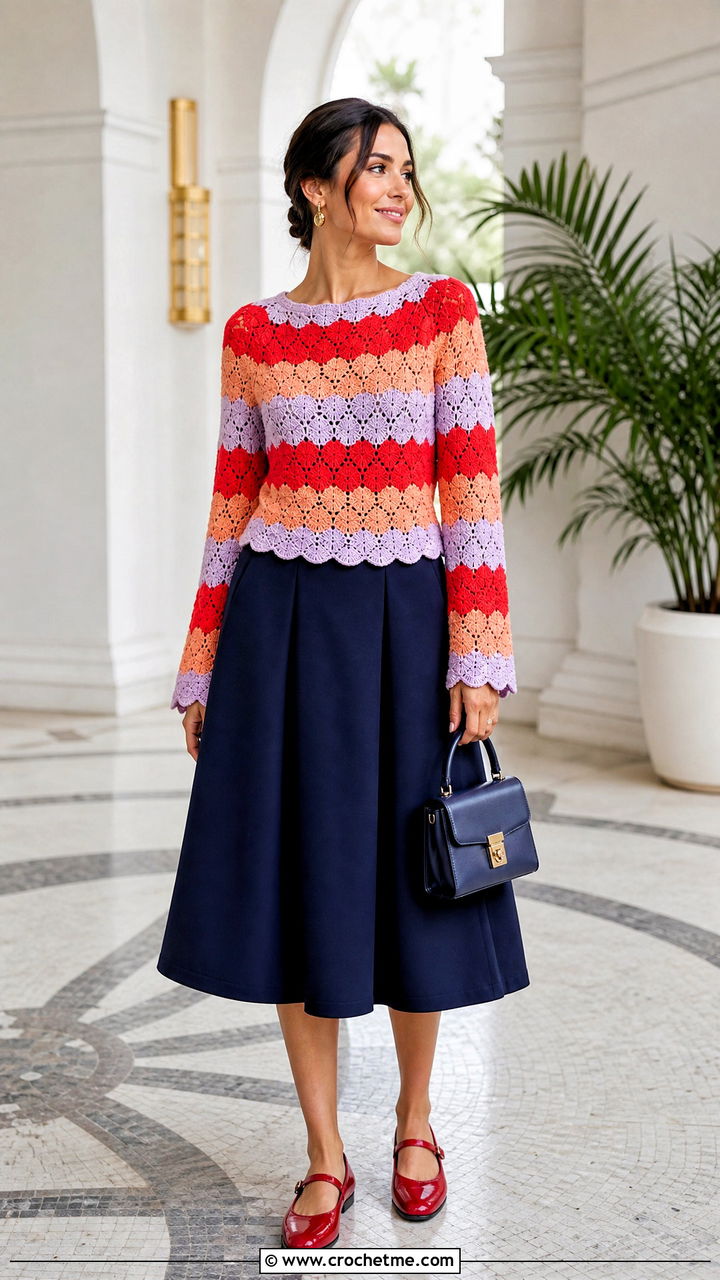 Scalloped Crochet Striped Sweater With A Line Skirt - 35 crochet striped sweater outfit ideas