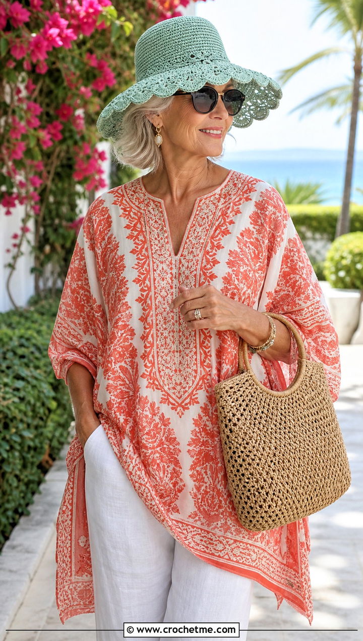 Scalloped Crochet Sun Hat With Kaftan And Sandals - 25 Crochet Hat For Grandma outfit ideas