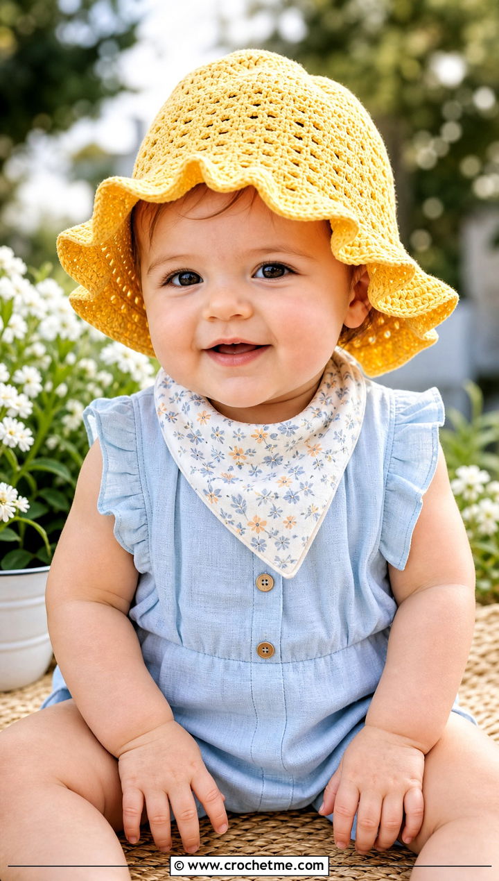 Scalloped Crochet Sun Hat With Linen Romper - 15 12 Month Crochet Hat outfit ideas