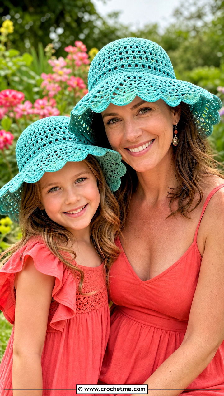 Scalloped Crochet Sun Hats With Sundresses - 25 Mommy And Me Crochet Hats outfit ideas