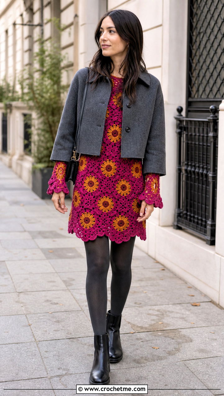Scalloped Crochet Sunflower Mini Dress With Chelsea Boots - 35 crochet sunflower dress outfit ideas