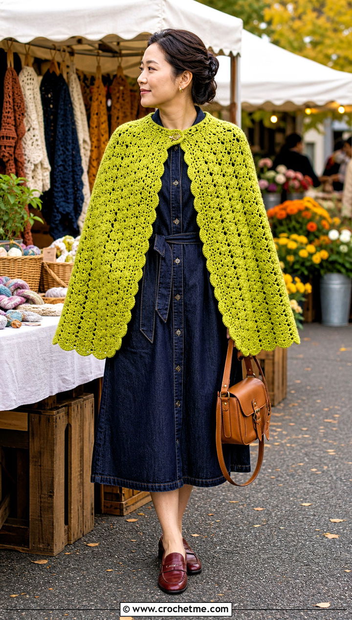 Scalloped Crochet Super Hero Cape With Denim Dress - 25 Crochet Super Hero Cape outfit ideas