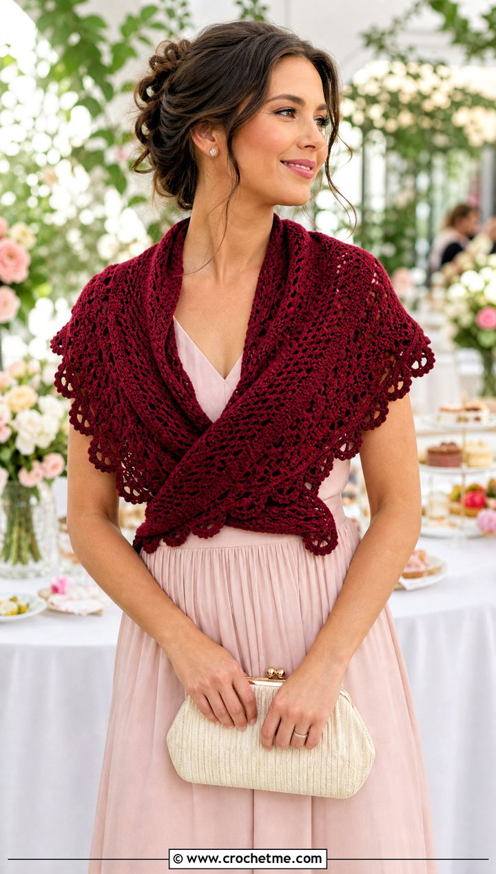 Scalloped Crochet Sweater Scarf Wrap With Tea Dress - 30 crochet scarf sweater wrap outfit ideas